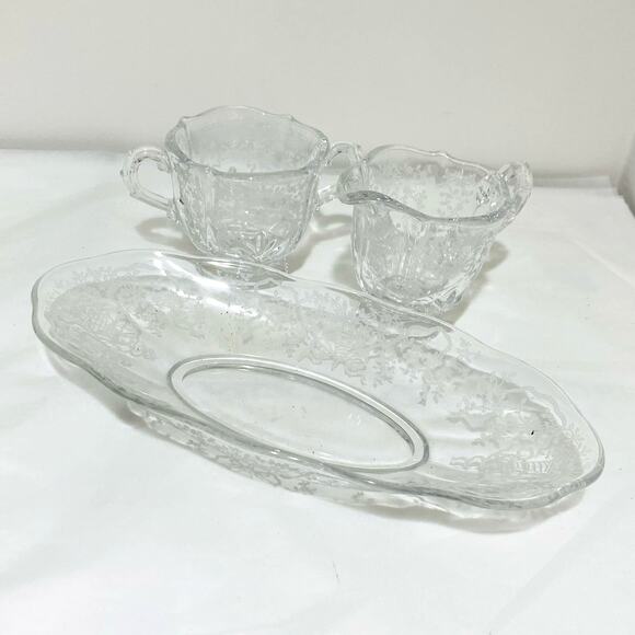 Fostoria Corsage Pattern Clear Etched Crystal Creamer Sugar Bowl & Relish Dish - Picture 1 of 13